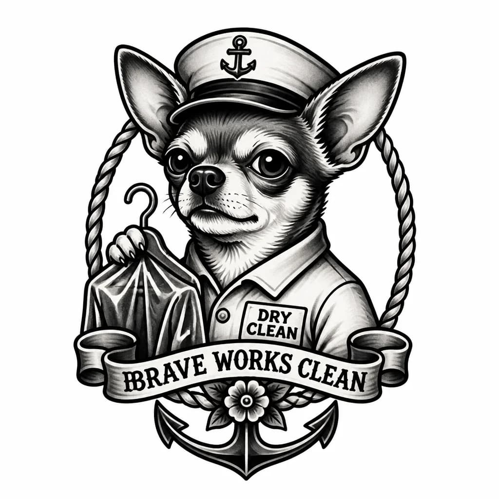 Тату эскиз: Чихуахуа смелый работает в химчистке, не в полный рост, морда 