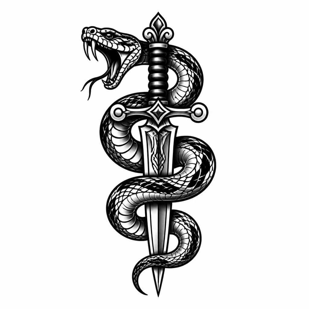 Тату эскиз: A traditional tattoo flash design of a large coiled snake wrapped around an ornate dagger, the snake in an aggressive striking pose with its mouth open and long fangs exposed, elegant S-curve composition, thick bold black outlines, smooth black and grey shading, high contrast blackwork, old school meets neo-traditional tattoo style, gothic aesthetic, clean silhouette, dynamic flow, subtle whip shading, hand-drawn ink illustration, tattoo stencil quality, centered composition, isolated on a pure 