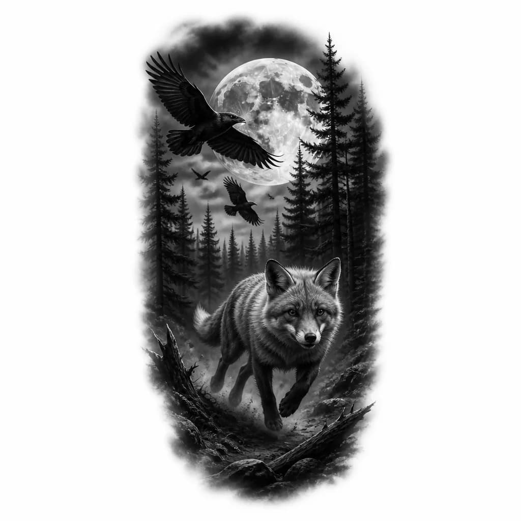 Тату эскиз: Хвойный лес на фоне ночи, летят вороны, почти полная луна. В лесу бежит лис