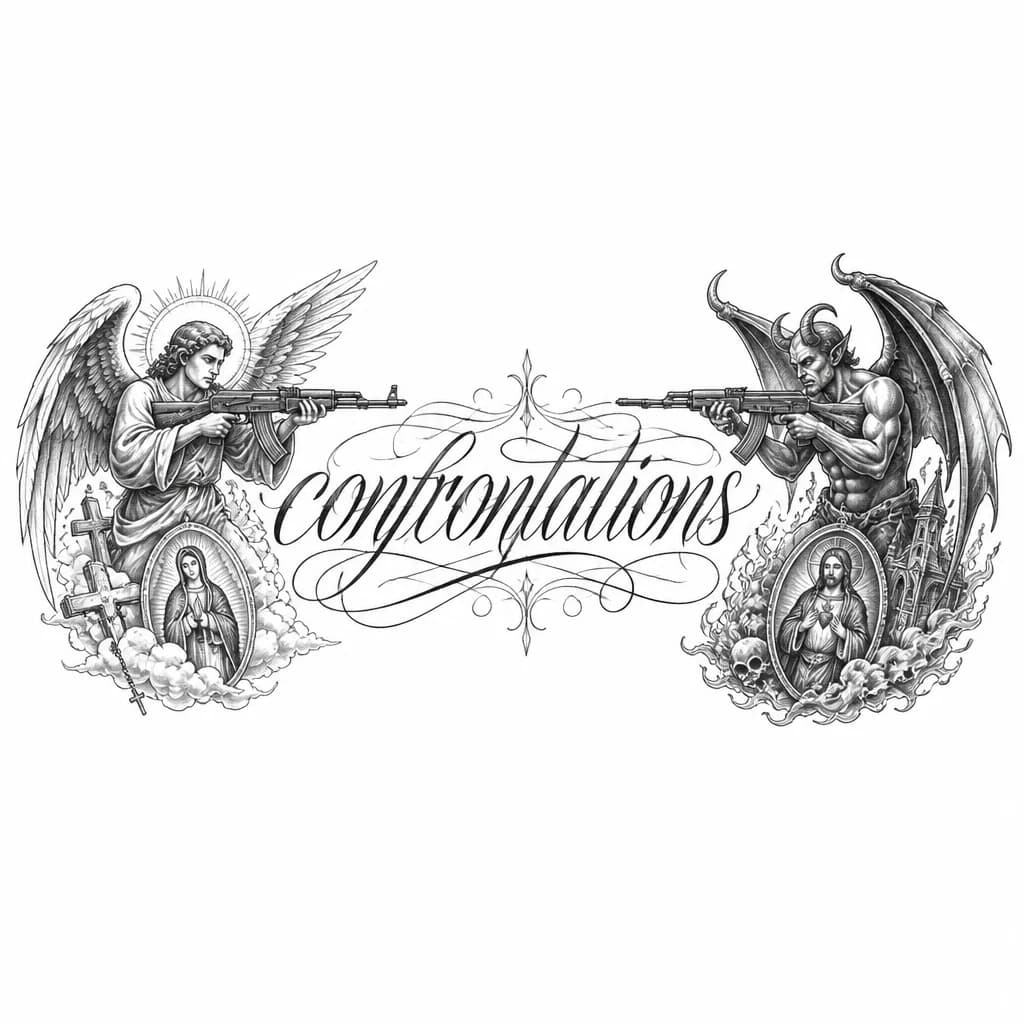 Тату эскиз: Ангел и демон с автоматами по краям от надписи
confrontations 