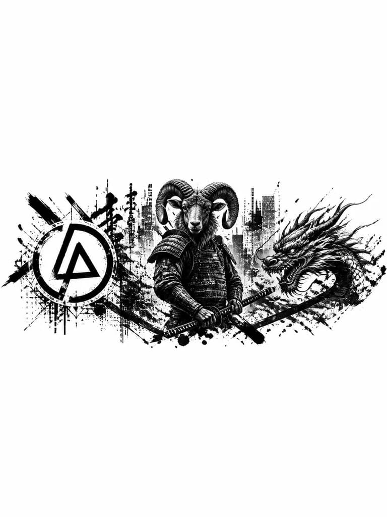 Тату эскиз: Самурай с головой Овна, дракон значёк группы Linkin park без надписей.
