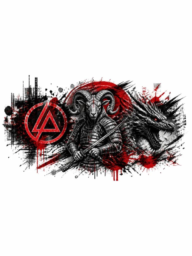 Тату эскиз: Самурай с головой Овна, дракон значёк группы Linkin park без надписей.