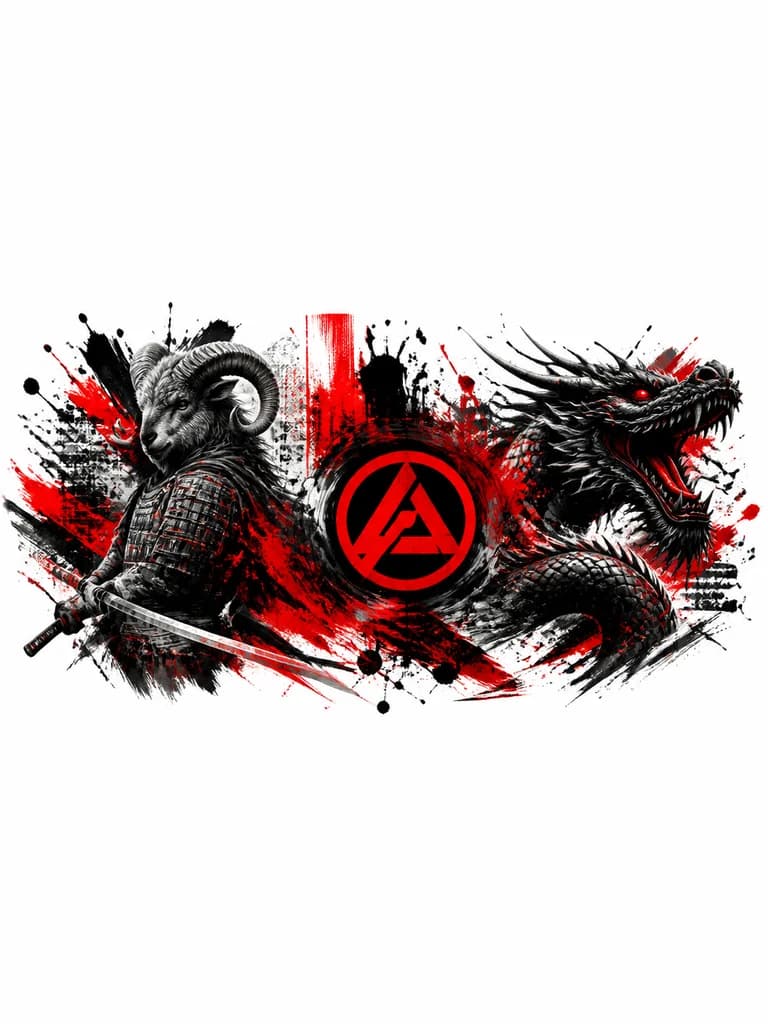 Тату эскиз: Самурай с головой Овна, дракон значёк группы Linkin park без надписей.