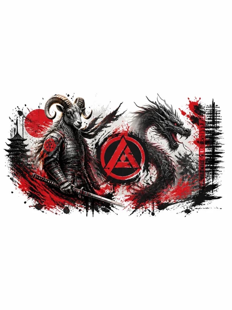 Тату эскиз: Самурай с головой Овна, дракон значёк группы Linkin park без надписей.