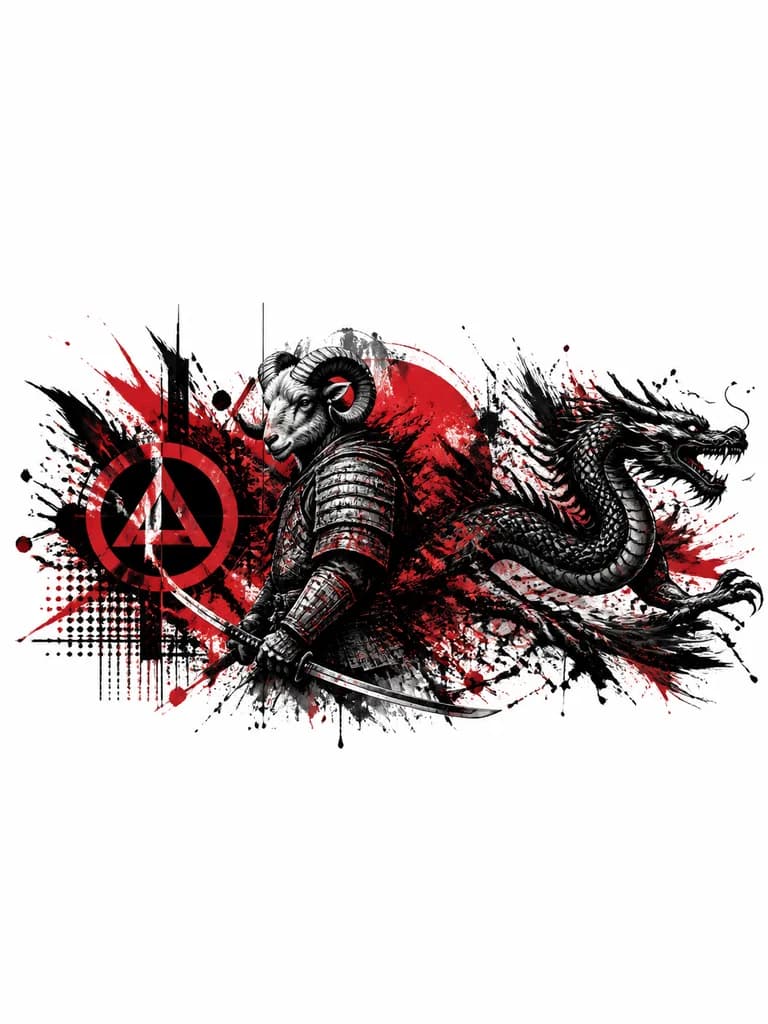 Тату эскиз: Самурай с головой Овна, дракон значёк группы Linkin park без надписей.