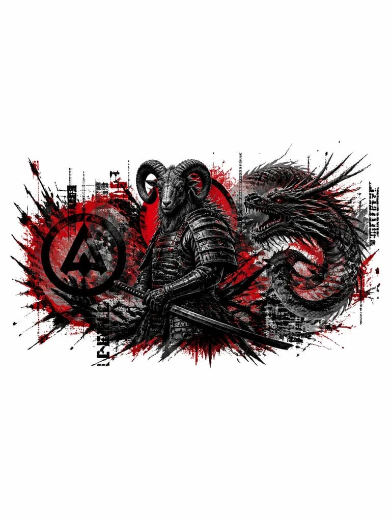 Тату эскиз: Самурай с головой Овна, дракон значёк группы Linkin park без надписей.