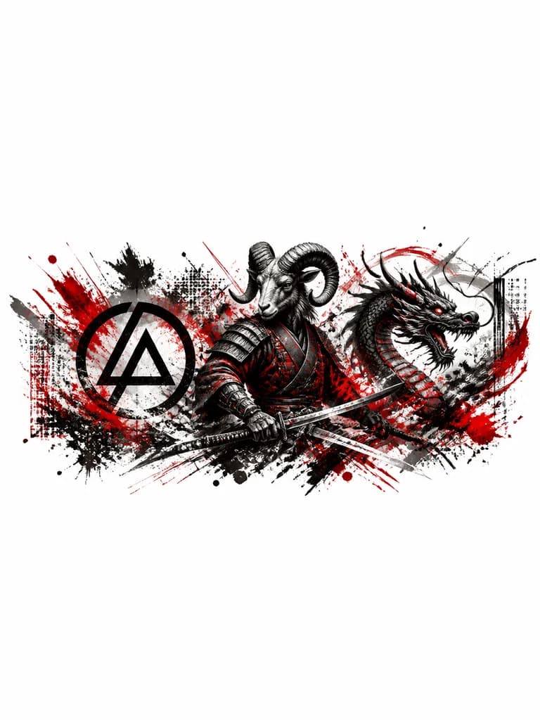 Тату эскиз: Самурай с головой Овна, дракон значёк группы Linkin park без надписей.