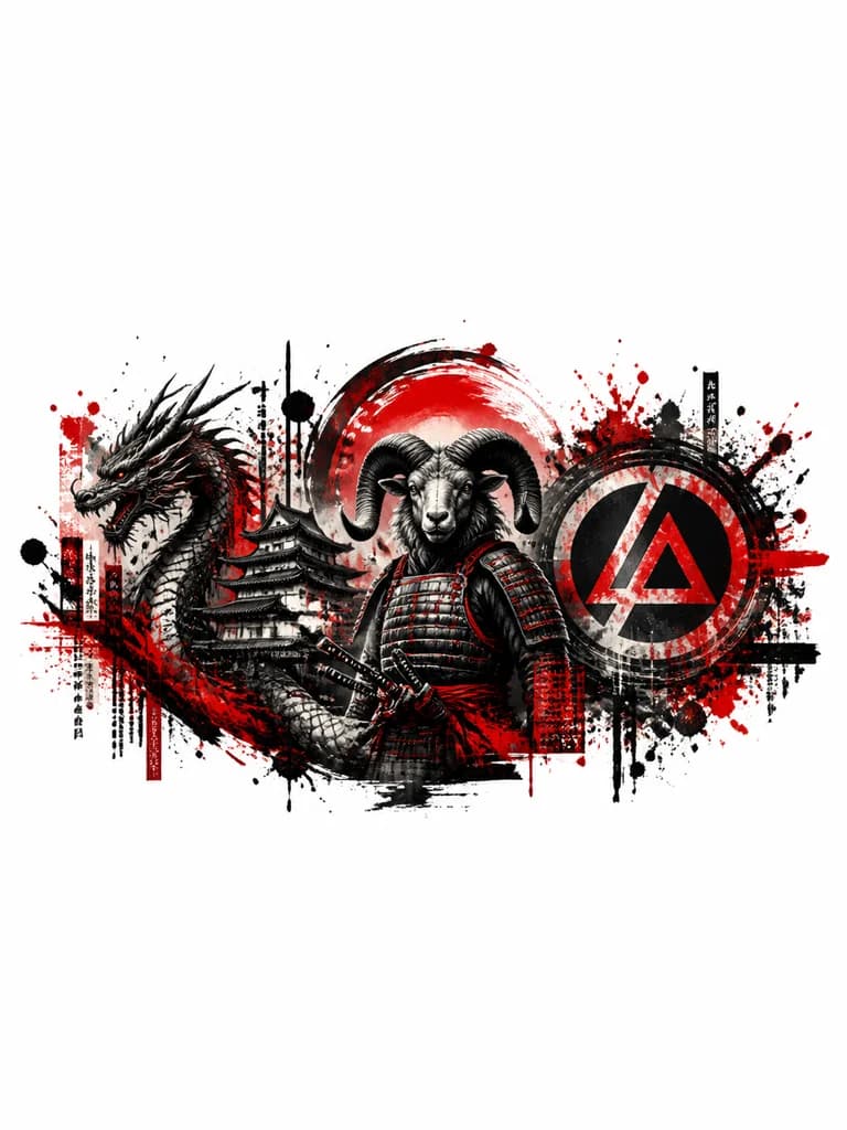 Тату эскиз: Самурай с головой Овна, дракон значёк группы Linkin park без надписей.