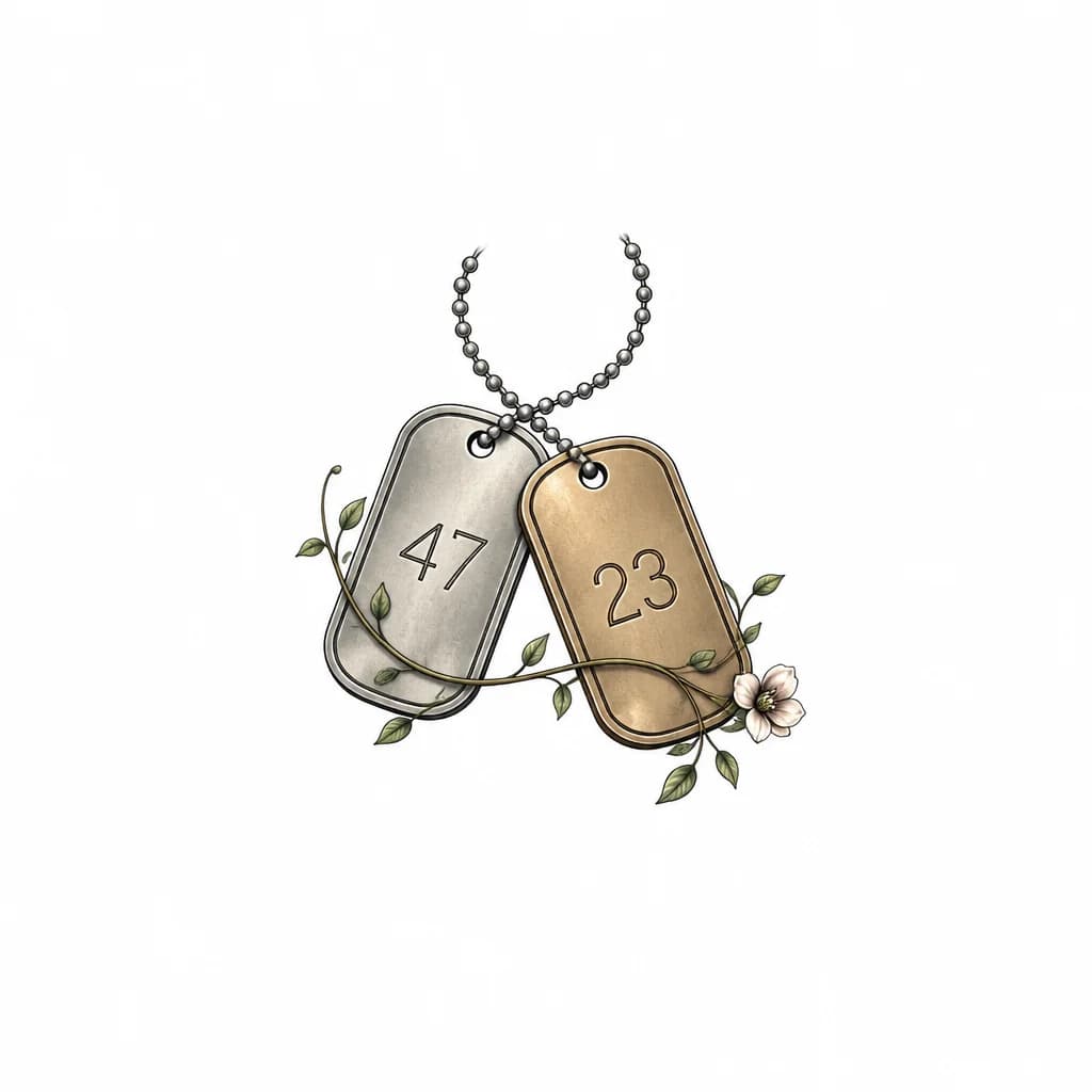 inspired by the movie The Long Walk. maybe two intertwined military medallions with numbers of the main characters