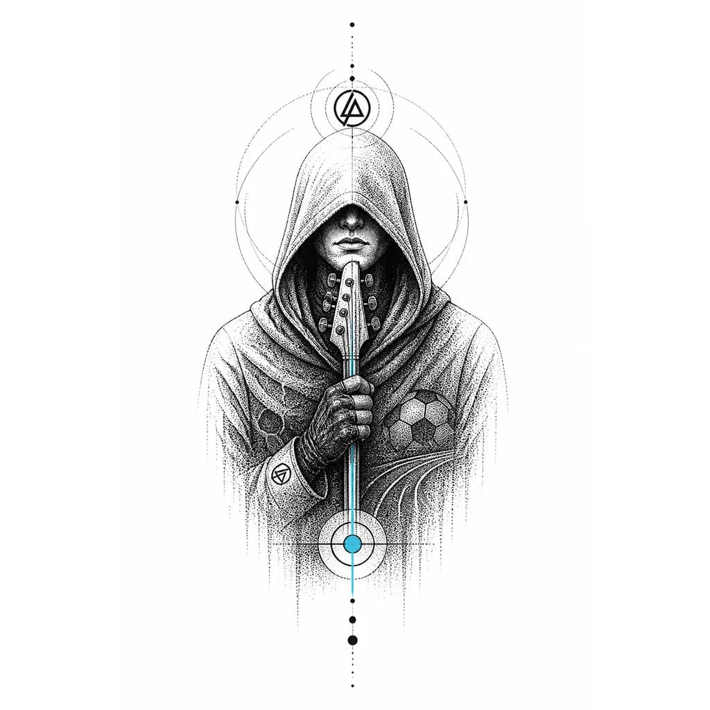 Tattoo flash, sketch style, hooded figure like an assassin, holding a guitar neck like a blade, only lower face visible, calm and cold-blooded expression, subtle sport motifs (faint ball or track lines) integrated into cloak pattern, black ink, one accent of cold cyan blue, high contrast, rough pencil strokes, ethereal and existential atmosphere, on white paper, vertical --ar 2:3
inspired by Linkin Park album art aesthetics, minimalist soldier vibe