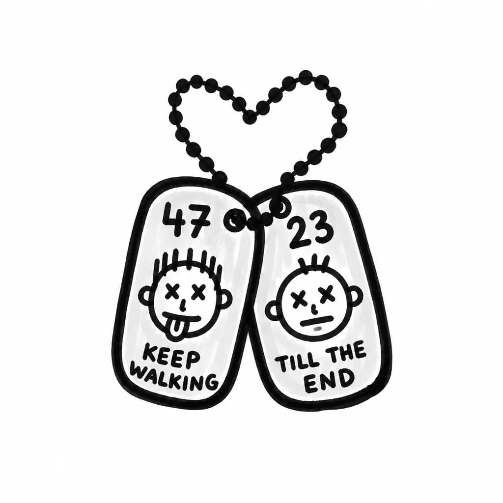 inspired by the movie The Long Walk. maybe two intertwined military medallions with numbers of the main characters. something symbolic but minimalistic 