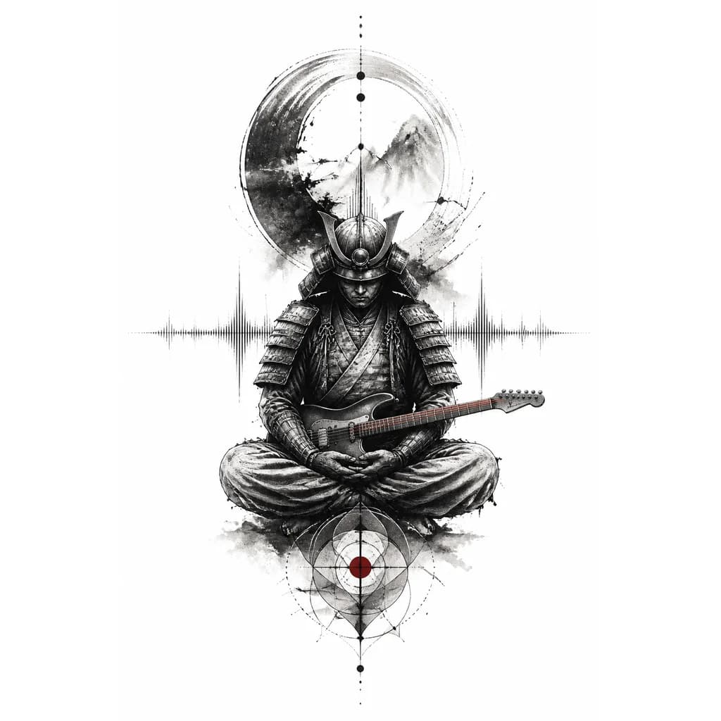 Tattoo design, black and grey, stoic samurai in meditation pose, holding an electric guitar on his lap, subtle soundwave lines blending with ancient Japanese ink wash background, one accent detail in deep crimson red (guitar string or a small symbol), existential equanimity mood, clean linework, dotwork shading, no text, white background, vertical composition, tattoo sketch style, 4k --ar 2:3
inspired by Linkin Park album art aesthetics, minimalist soldier vibe