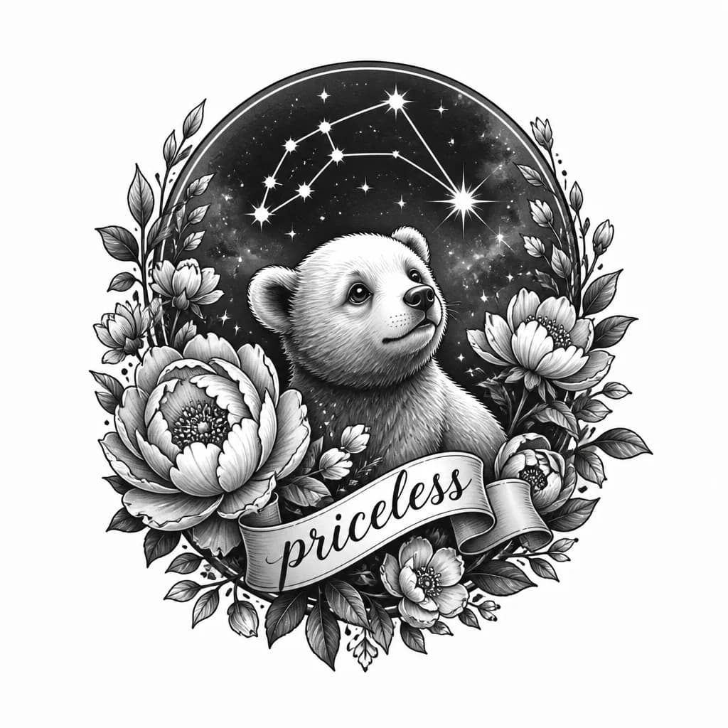 Должна быть малая медведица, цветы и слово priceless и все это совмещено, но горманично и красиво 