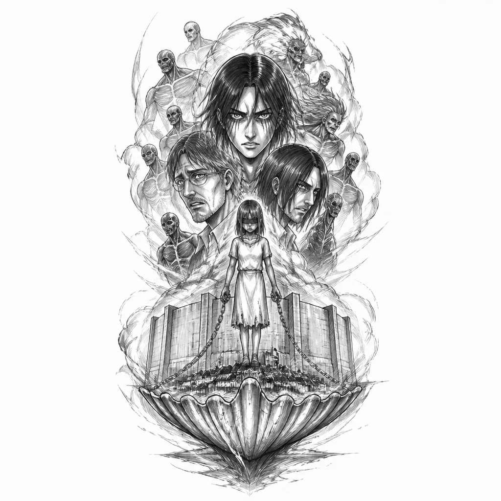 Эскиз тату Атака Титанов. Черно-белая графика. Внизу остров-ракушка, над ним 3 стены. В центре Имир (девочка с цепями). Выше лица Эрена, Гриши и Крюгера. Вокруг дым и силуэты 9 титанов. Вертикальная композиция.