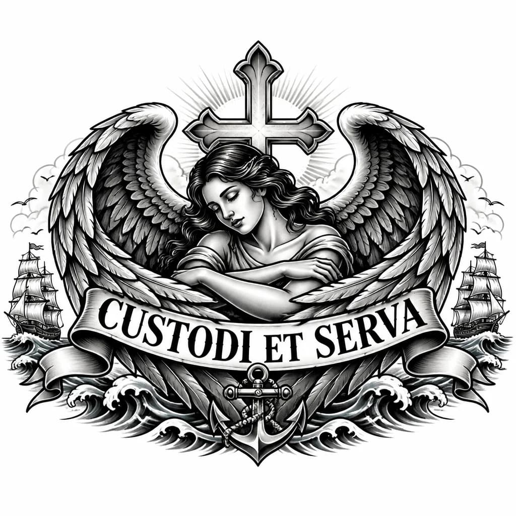 Тату эскиз: Надпись Custodi et serva на латыне с ангелом женщина обнимающая крыльями надпись с крестом за ней 