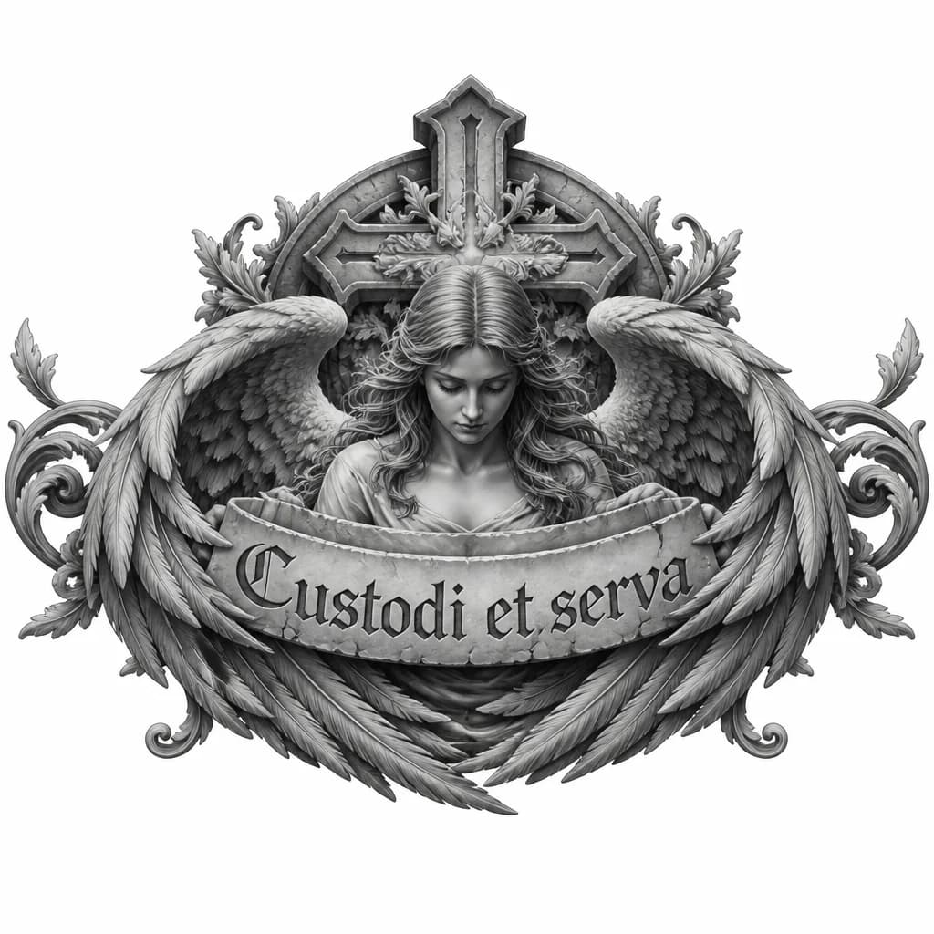 Тату эскиз: Надпись Custodi et serva на латыне с ангелом женщина обнимающая крыльями надпись с крестом за ней 