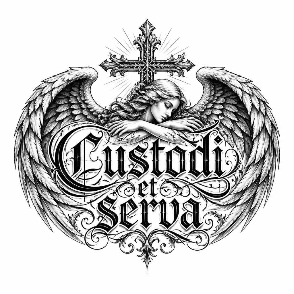 Тату эскиз: Надпись Custodi et serva на латыне с ангелом женщина обнимающая крыльями надпись с крестом за ней 