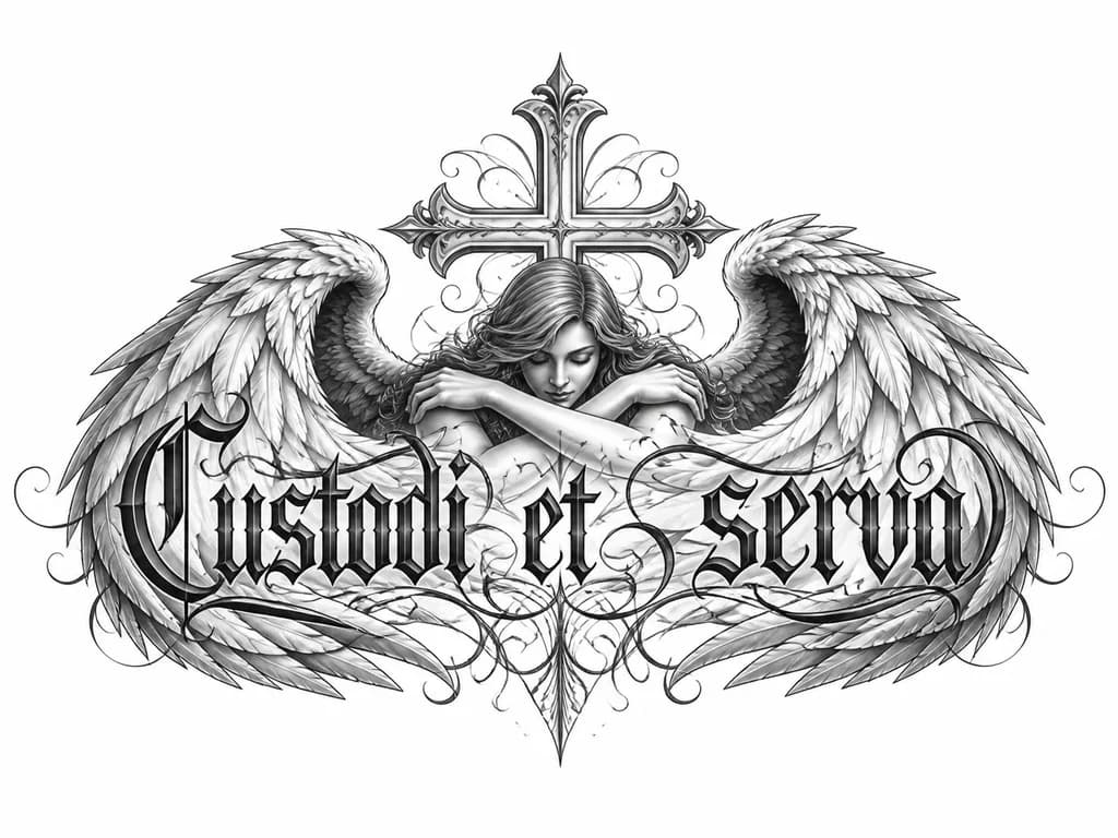 Тату эскиз: Надпись Custodi et serva на латыне с ангелом женщина обнимающая крыльями надпись с крестом за ней 