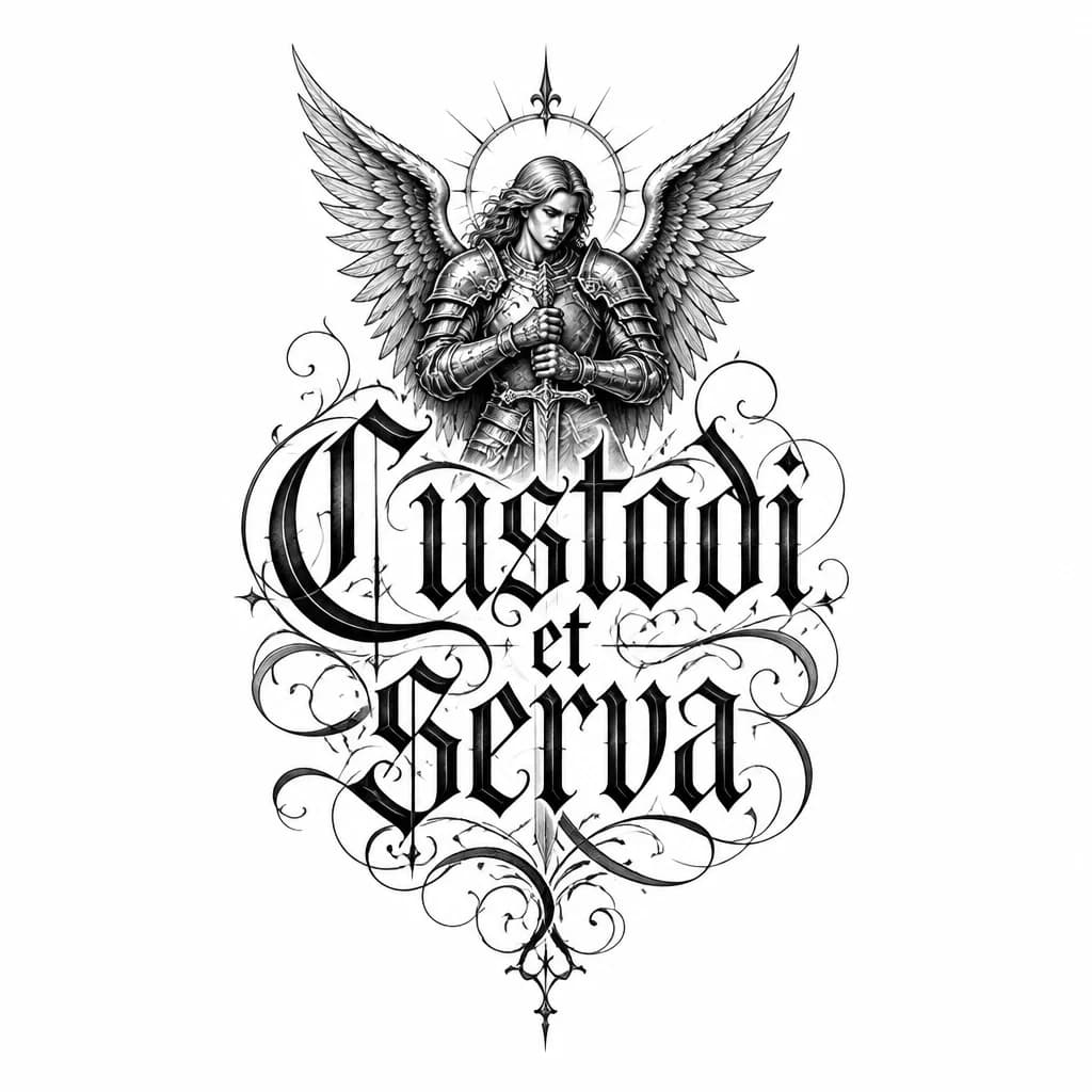 Тату эскиз: Надпись Custodi et serva на латыне с ангелом в доспехах  надпись 