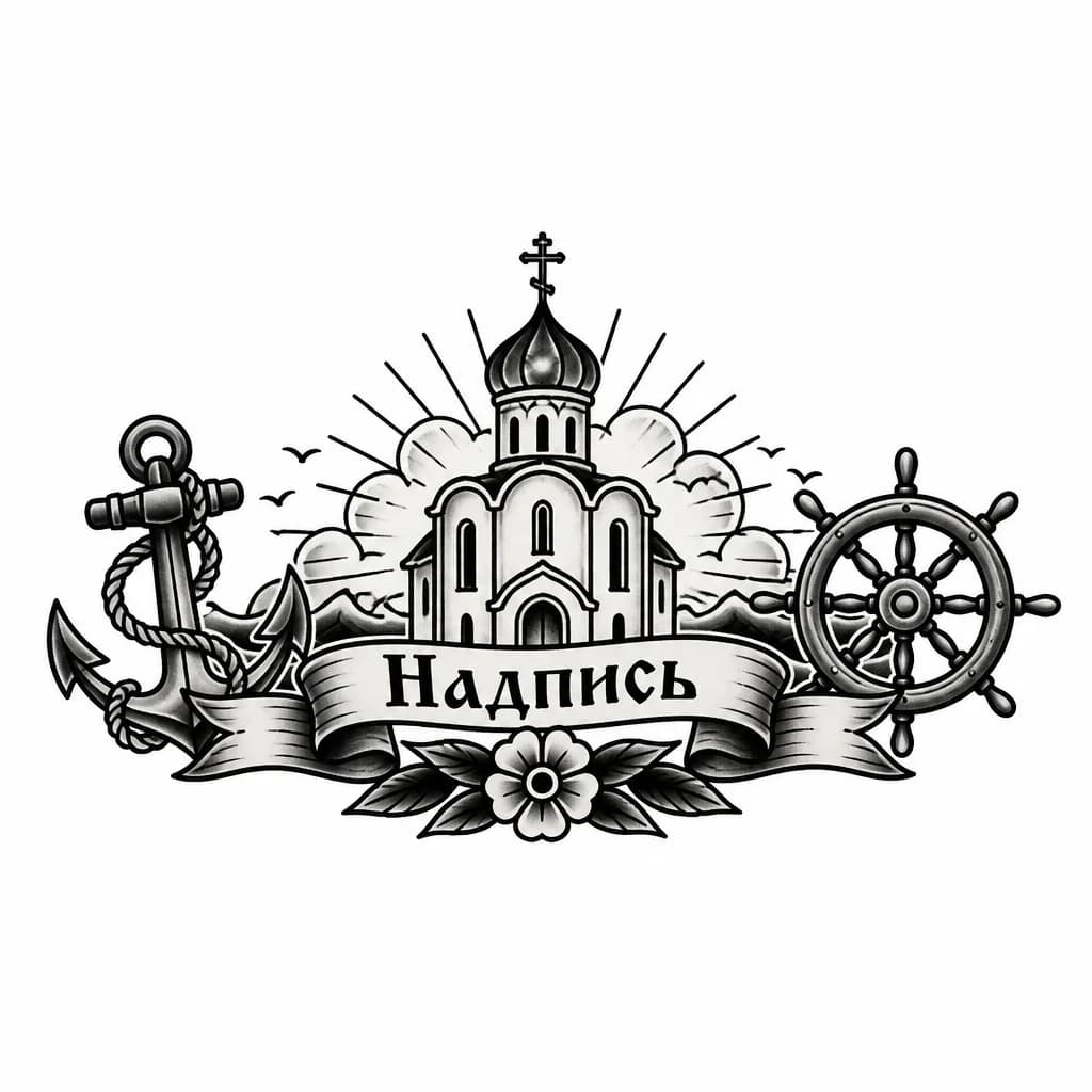 Тату эскиз: Православный, церковный собор с одним куполом, внутренняя поверхность предплечья