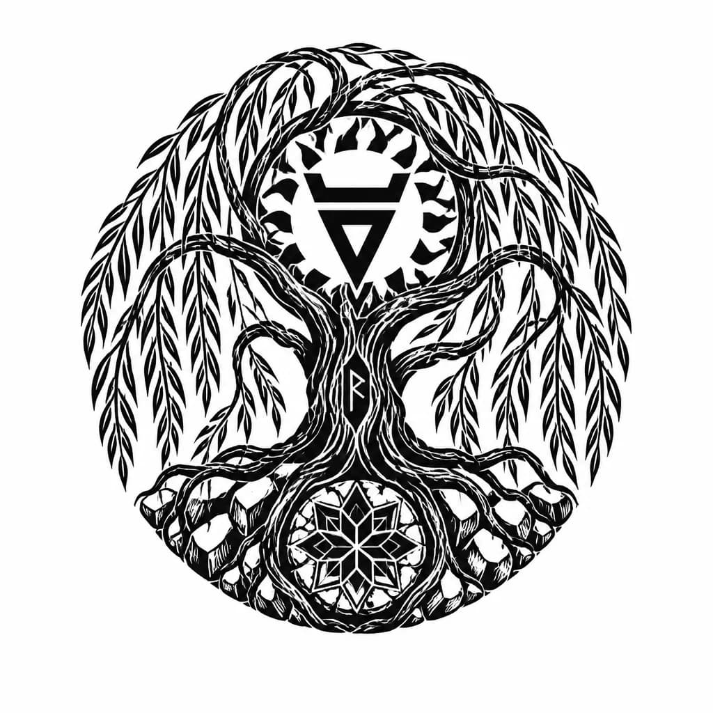Тату эскиз: На нижней части правого плеча камень посреди камня знак Алатырь, из камня растет Ива от камня до верхней части плеча, на стволе дерева славянская руна ВЕТЕР ветви дерева идут на спину и грудь , на груди обвивают знак Велеса в черном солнце