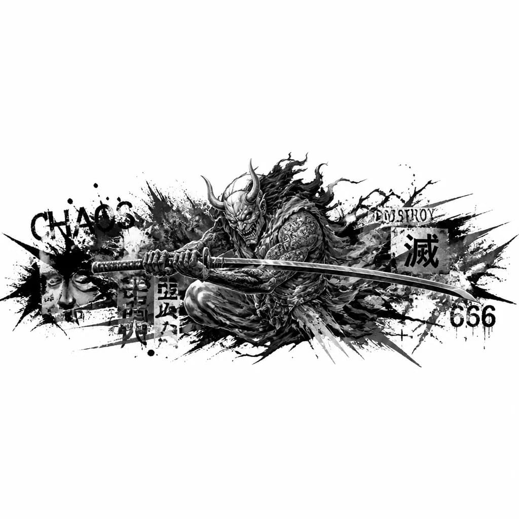 Тату эскиз: Visual Hook:
Динамичный силуэт демонической фигуры, присевшей в агрессивной позе, с длинной катаной, проходящей через центр композиции, и развевающимися элементами, создающими ощущение движения.

Scene:
На изображении представлен демонический персонаж, напоминающий Они, в присевшей позе, крепко держащий катану. Фигура окружена стилизованными облаками или дымом, что придает ей мистический и динамичный вид.

Genre:
Иллюстрация, линейный арт, тату-эскиз.

Pose:
Торс фигуры повернут в сильный три че