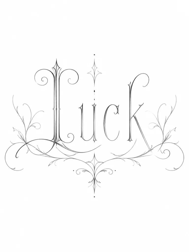 Тату эскиз: Надпись “luck” шрифт длинный что то напоминающее французский, с заветушками 