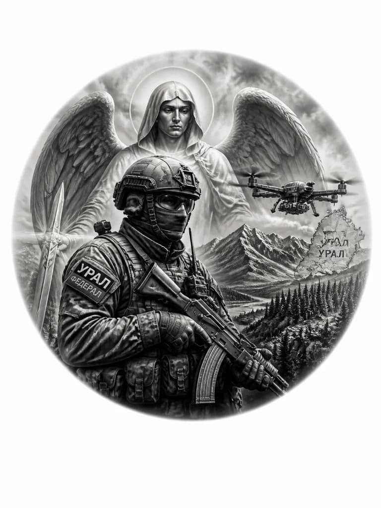 Тату эскиз: ангел хранитель , военнослужащий с автоматом Калашникова, Урал федерал, бпла
