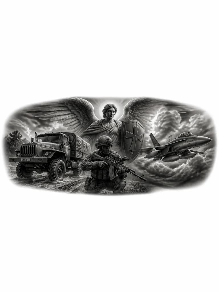 Тату эскиз: ангел хранитель , военнослужащий с автоматом Калашникова, военный автомобиль Урал , Хорнет.