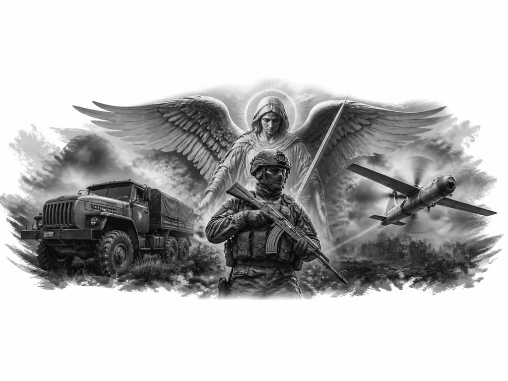 Тату эскиз: ангел хранитель , военнослужащий с автоматом Калашникова, военный автомобиль Урал ,  БПЛА Хорнет.