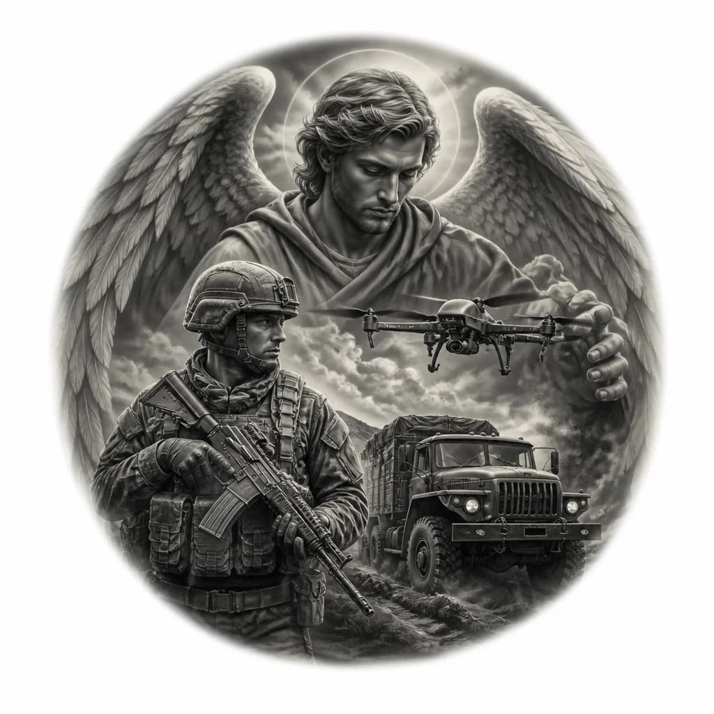 Тату эскиз: ангел хранитель , военнослужащий с автоматом Калашникова, военный автомобиль Урал , беспелотник