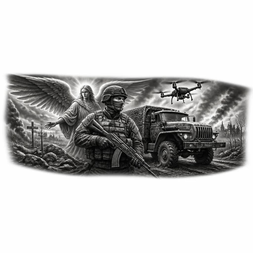 Тату эскиз: ангел хранитель , военнослужащий с автоматом Калашникова, военный автомобиль Урал , беспелотник