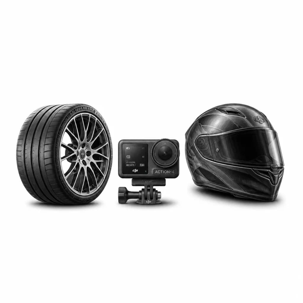 Тату эскиз: Слева спортивное автомобильное колесо. посередине экшн камера Dji, справа шлем от спортбайка 