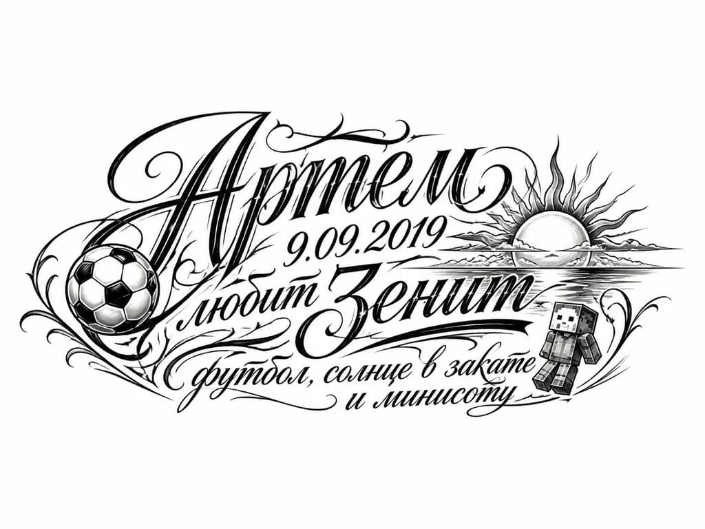 Тату эскиз: Артём 9.09.2019 любит Зенит, футбол, солнце в закате и минисоту 