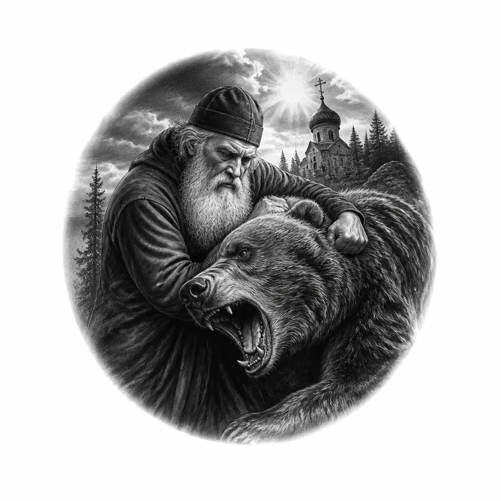 Тату эскиз: Православие, старец, медведь, сила, ярость, борьба  со страхом грехами
