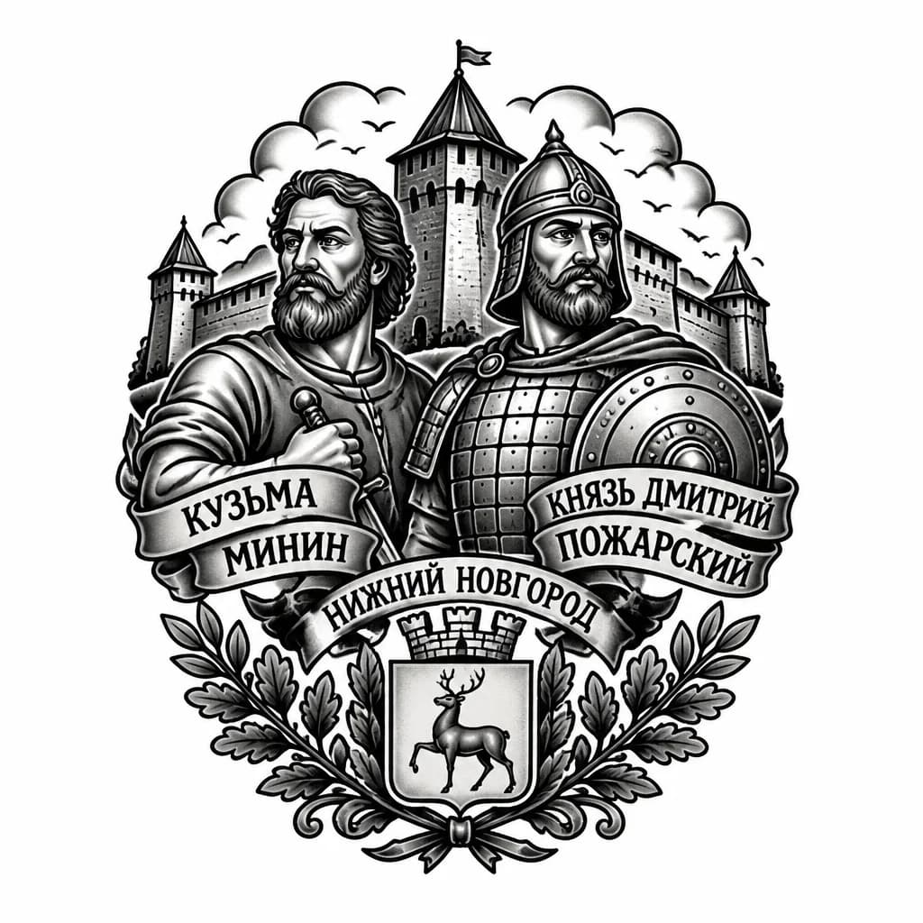 Тату эскиз: создай тату на спину в черно белом цвете где изображен , Кузьма Минин и князь Дмитрий Пожарскийий нижегородский кремль и герб Нижнего Новгорода