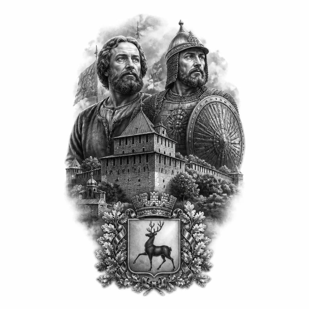 Тату эскиз: создай тату на спину в черно белом цвете где изображен , Кузьма Минин и князь Дмитрий Пожарскийий нижегородский кремль и герб Нижнего Новгорода