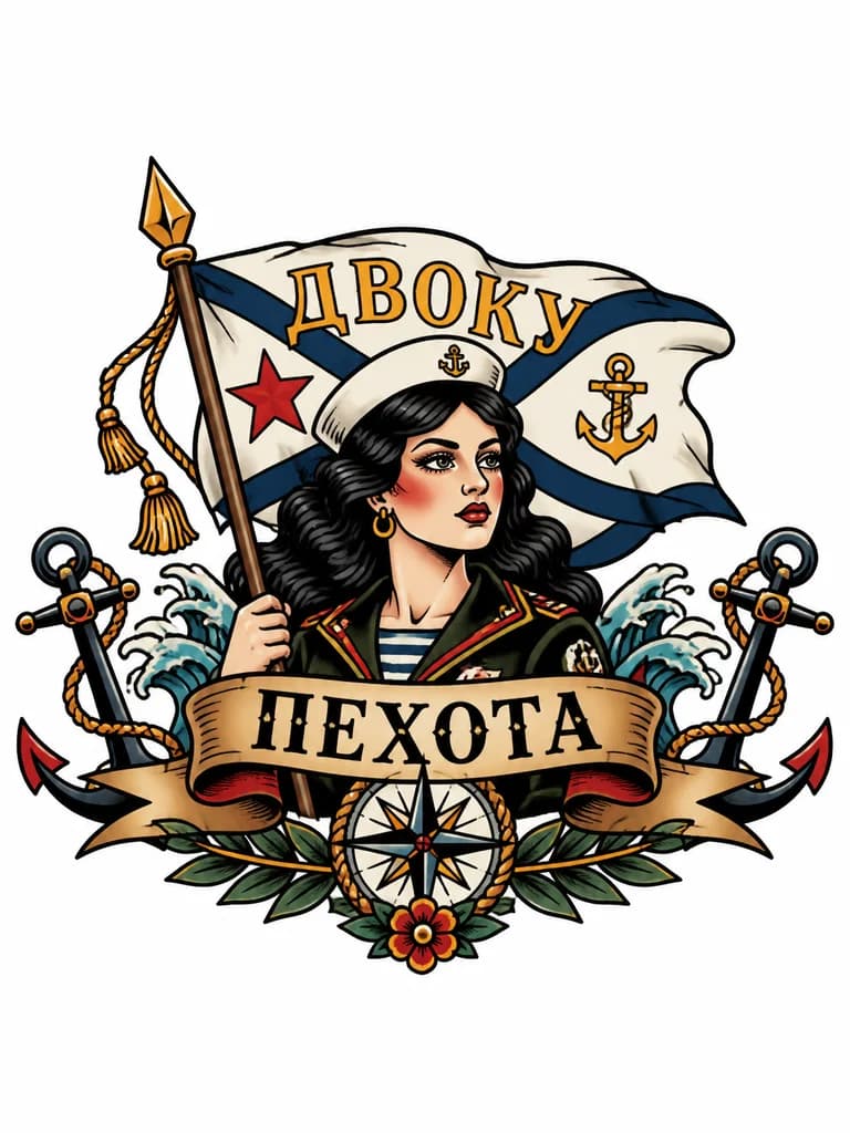 Тату эскиз: Девушка с лентой на которой надпись пехота, со знаменем ДВОКУ на заднем плане
