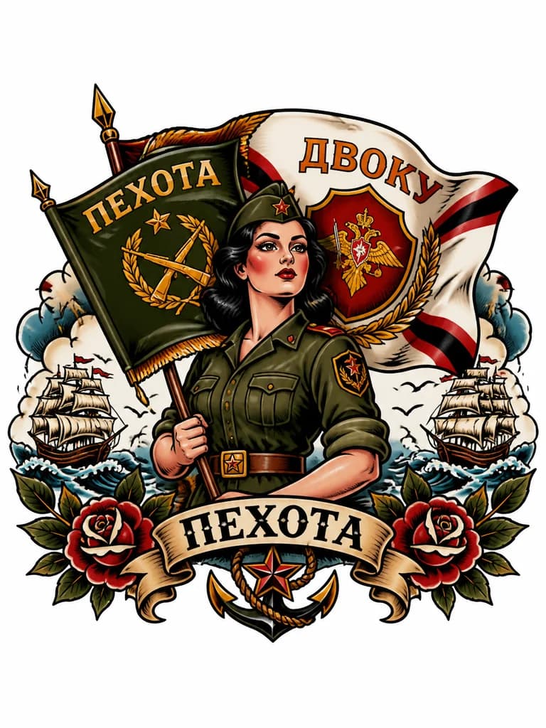 Тату эскиз: Полуголая девушка с флагом сухопутных войск на которой надпись пехота, со знаменем ДВОКУ на заднем плане