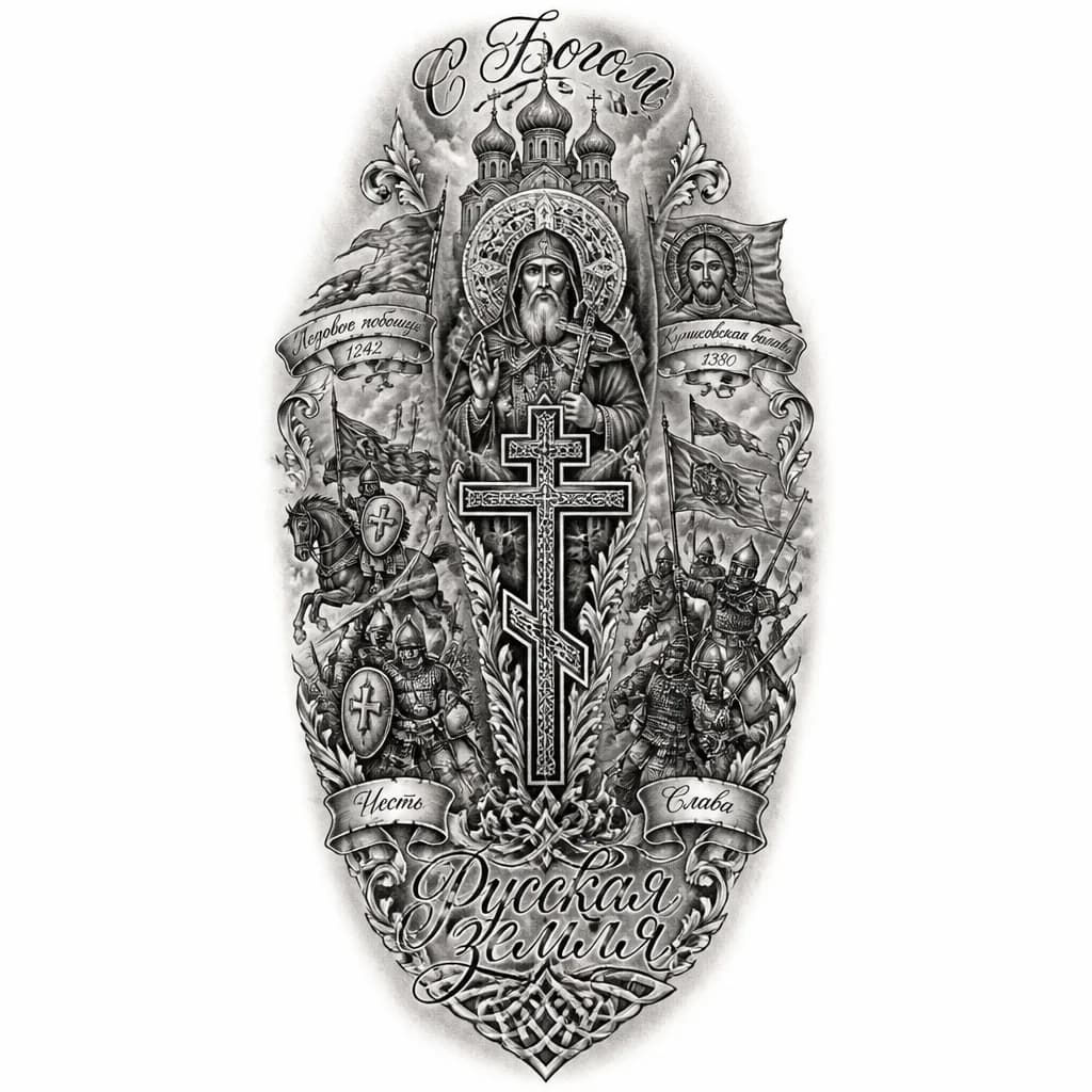 Тату эскиз: Черно‑белый эскиз татуировки в стиле чикано для рукава: сочетание христианских и славянских символов с историческими сценами России (Ледовое побоище, Куликовская битва). В центре — православный крест и лик святого в окружении древнерусских узоров; по бокам — динамичные батальные сцены. Техника: плотные контуры, глубокие тени, dotwork; имитация карандашного наброска. Контрастное освещение, изолированный дизайн на чистом фоне.