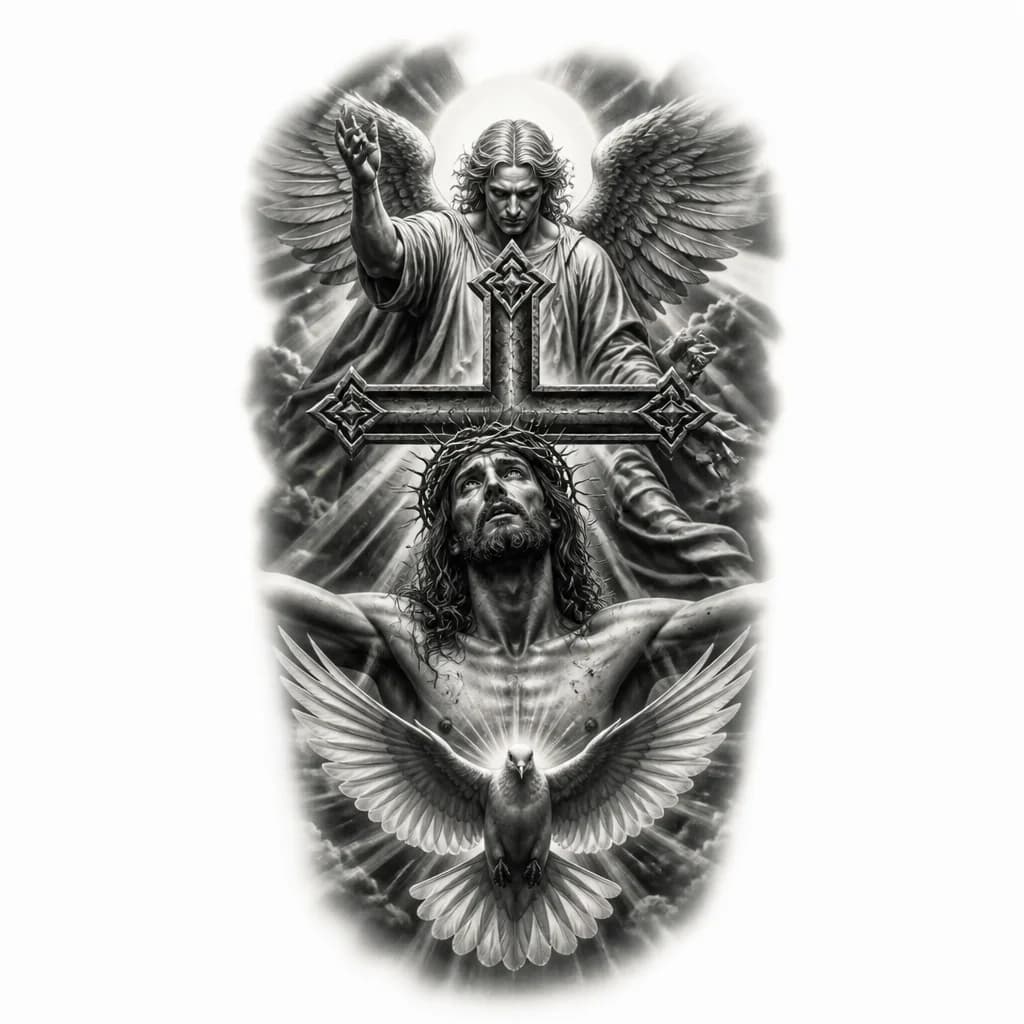 Тату эскиз: Ангел, бог . Голубь, крест и иисус