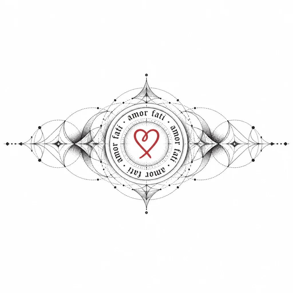 Тату эскиз: По кругу надпись amor fati в центре круга символ корейское сердечко красным цветом 