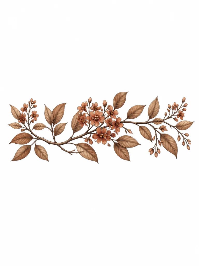 Тату эскиз: Веточка листья и цветы дерева Saraca asoca (Saraca indica в коричневом цвете