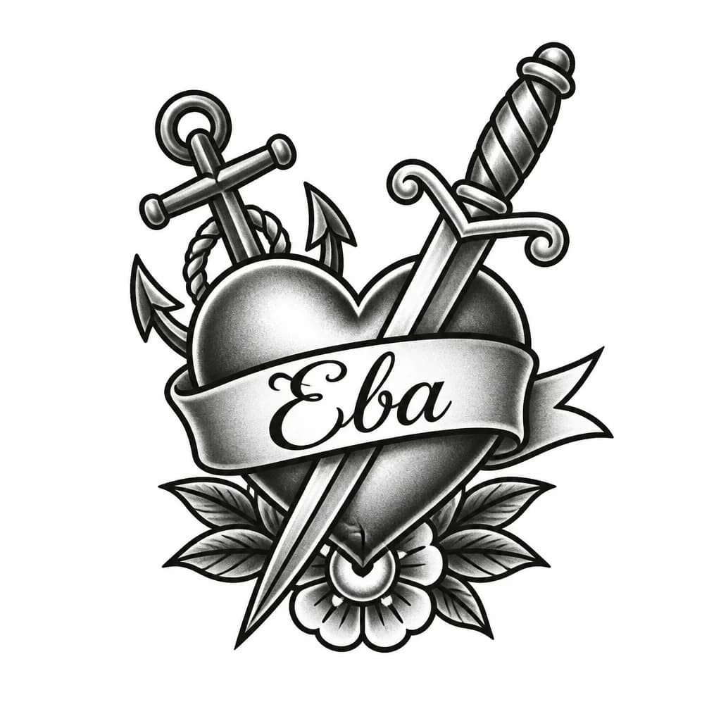Тату эскиз: Сердечко которое пронзает имя Ева в красивом шрифте
