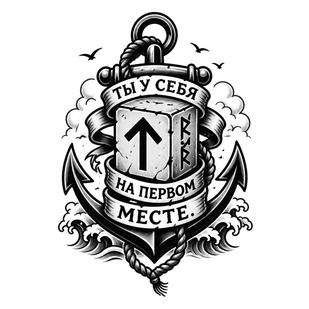 Тату эскиз: фраза ТЫ У СЕБЯ НА ПЕРВОМ месте
первая буква руна Тейваз 
можно в целом руническуб надпись сделать 