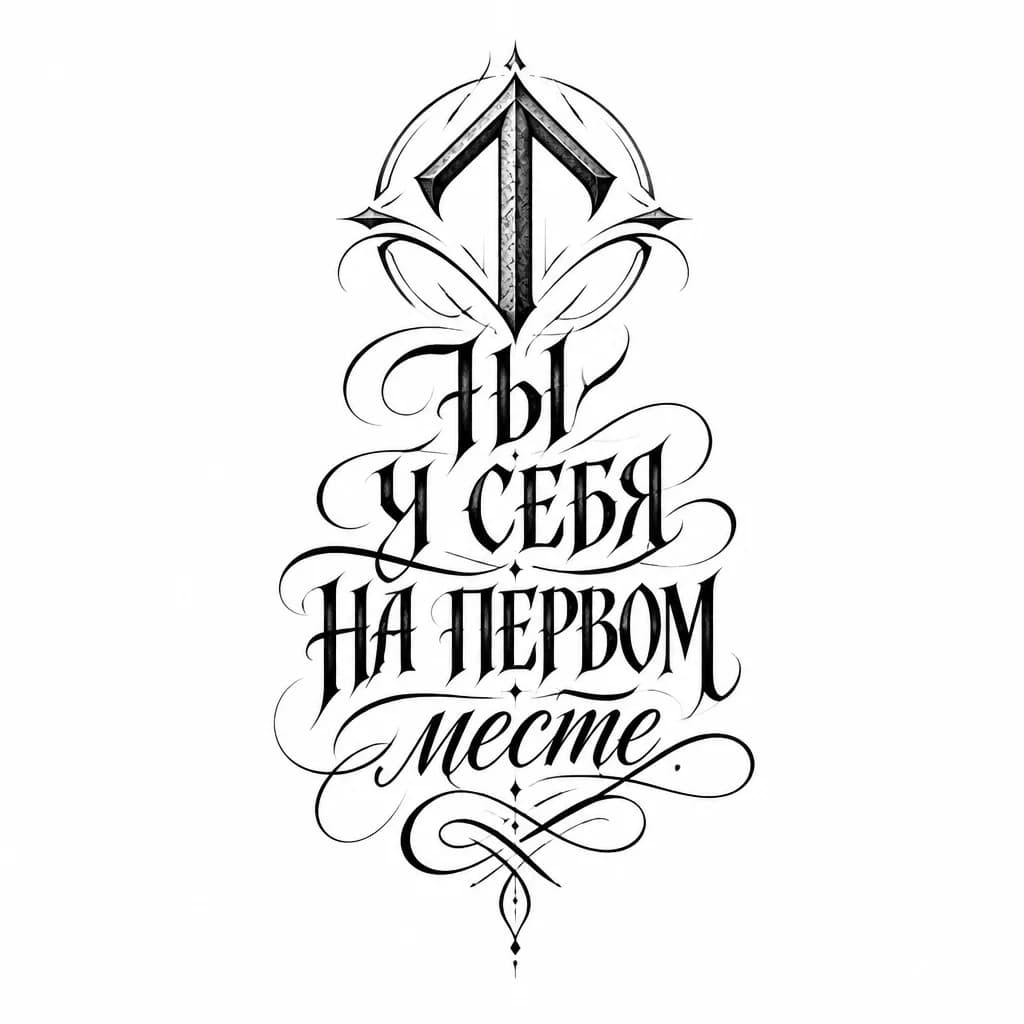 Тату эскиз: фраза ТЫ У СЕБЯ НА ПЕРВОМ месте
первая буква руна Тейваз 
можно в целом руническуб надпись сделать 