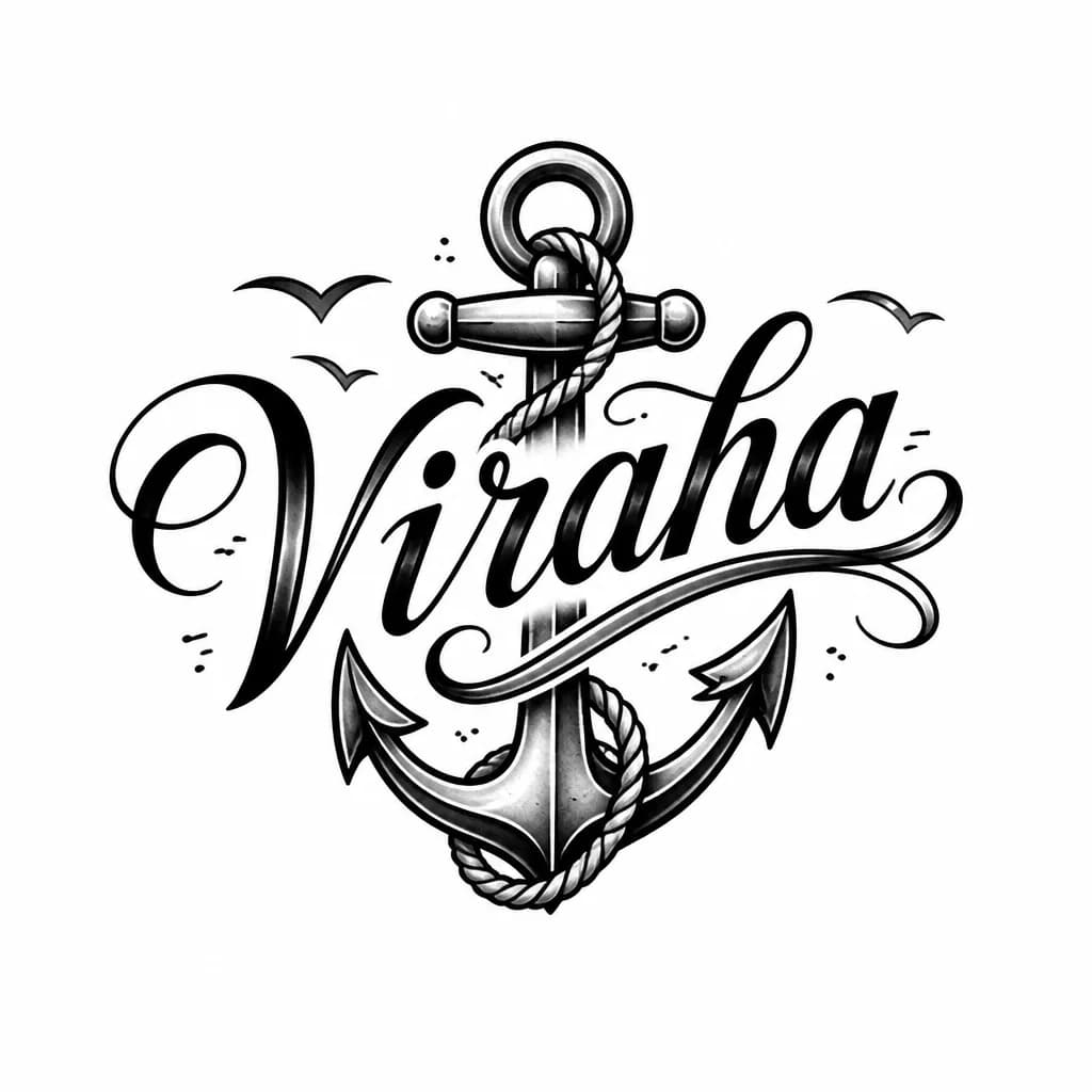 Тату эскиз: Тату для девушки надпись Viraha красивым фрифтом на грудной клетки 20 см