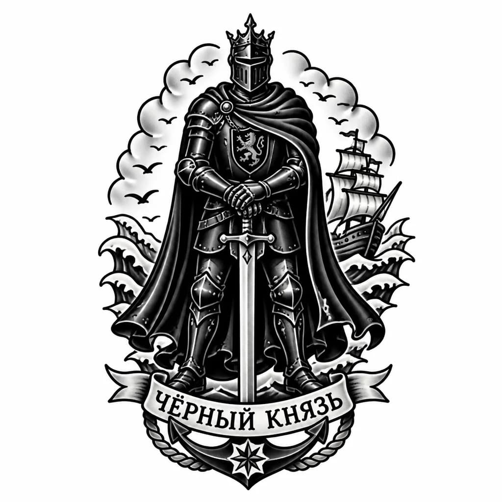 Тату эскиз: Чёрный князь в доспехах и мечом и плащём