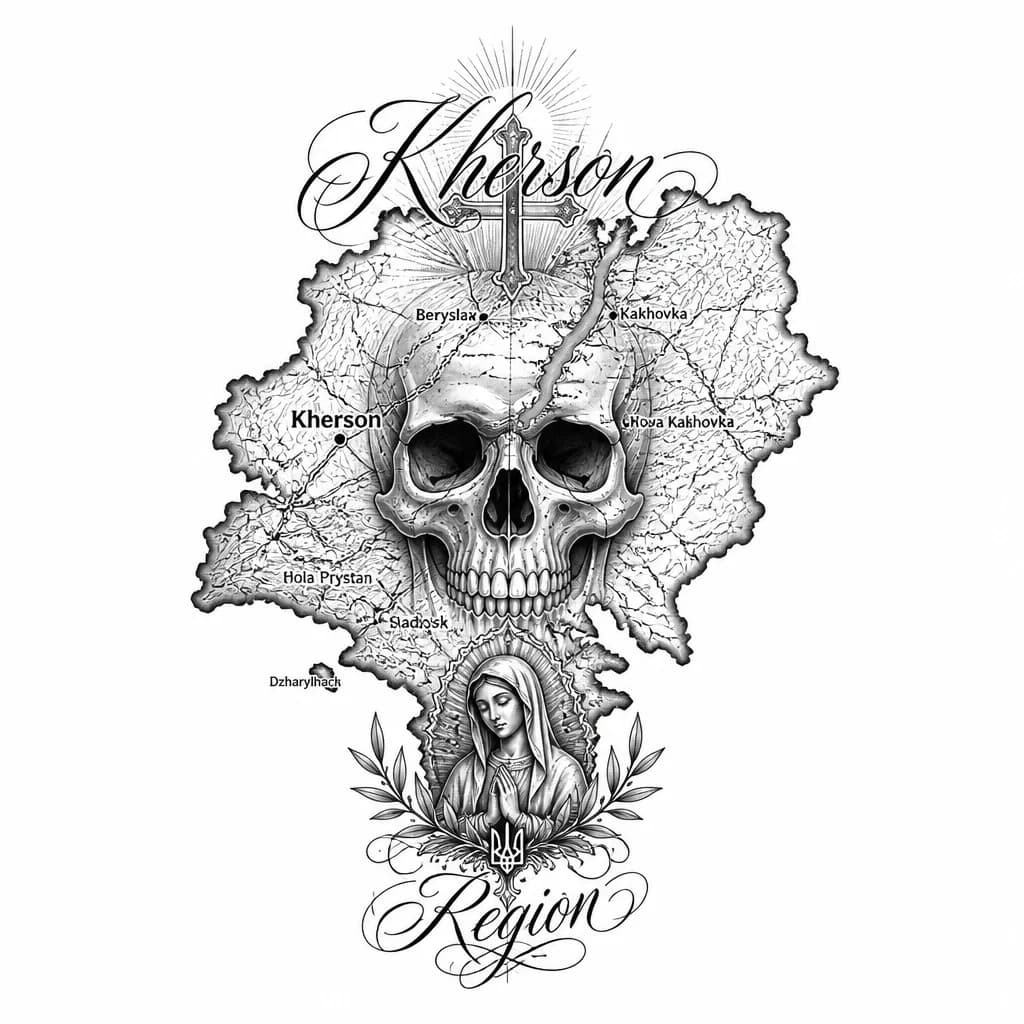 Тату эскиз: A detailed map outline of Kherson region with a skull symbol overlaid in the center, topographic lines and geographic details visible, black and white monochrome ink, military cartography style, bold contrast between map lines and skull features, tattoo flash sheet illustration, white background, high contrast, clean lines