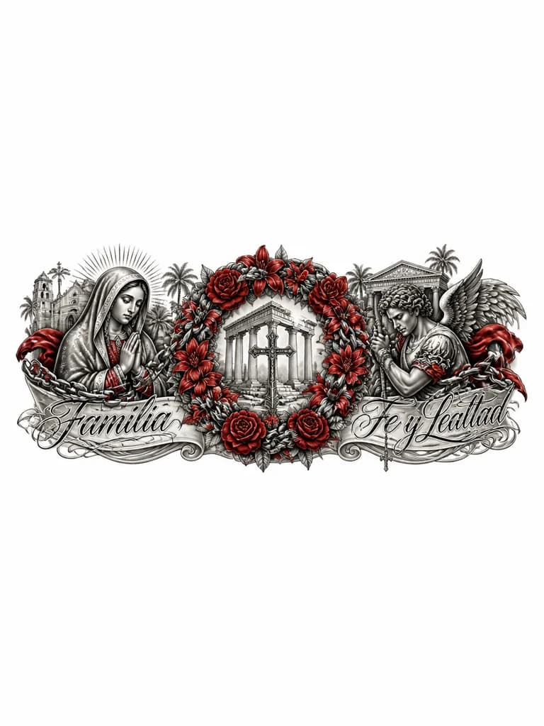 Тату эскиз: Цветочный венок в цепи. В греческом стиле. Преобладает красный и серый цвет.